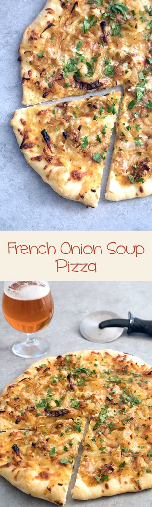 French Onion Soup Pizza -- If you're craving a big bowl of french onion soup, try it in pizza form instead! This pizza takes all the elements of the classic soup and turns it into a meal | wearenotmartha.com