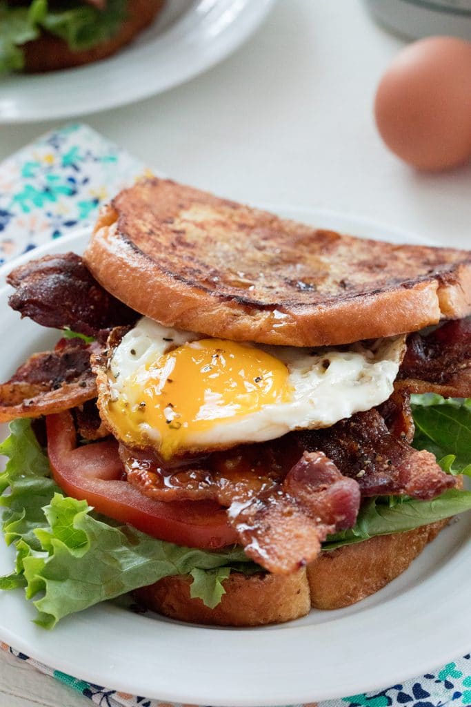 Overhead closeup of french toast BLT on a plate