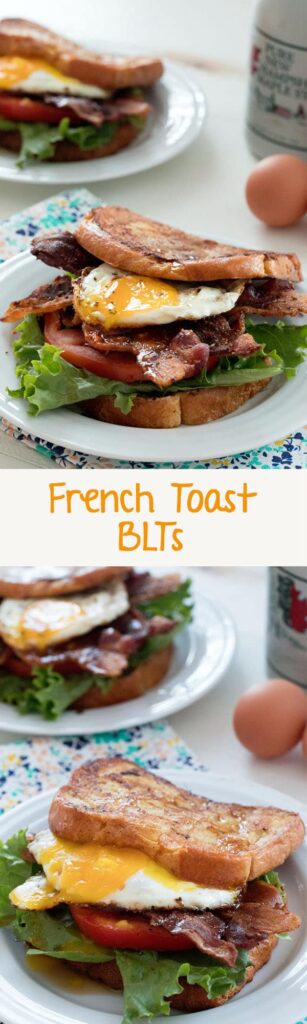 French Toast BLTs -- This breakfast sandwich will give you a reason to get out of bed in the morning! Made with challah or brioche french toast, crispy bacon, lettuce, tomato, and a fried egg, be sure to drizzle plenty of maple syrup over the top before serving | wearenotmartha.com