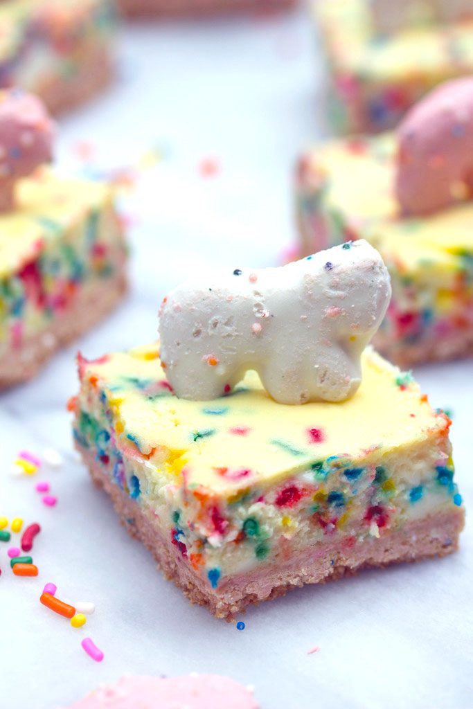 Head-on view of frosted animal cracker cheesecake bar with white animal cracker on top surrounded by other cheesecake bars and rainbow sprinkles