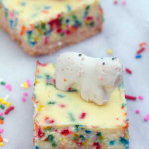 Frosted Animal Cracker Cheesecake Bars -- Funfetti cheesecake with a circus animal cookie crust! | wearenotmartha.com