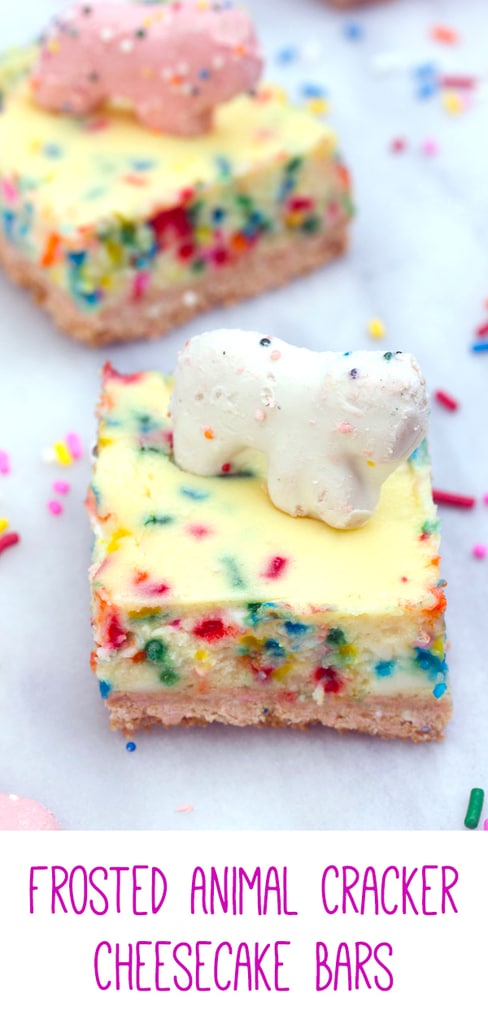 Frosted Animal Cracker Cheesecake Bars -- These Frosted Animal Cracker Cheesecake Bars consist of funfetti cheesecake with a circus animal cookie crust. Basically, your childhood in cheesecake form! | wearenotmartha.com #cheesecake #cheesecakebars #animalcrackers #funfetti