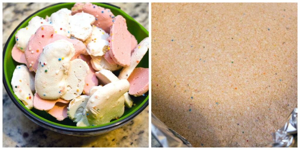 Collage showing process for making frosted animal cracker cheesecake bars, including frosted animal crackers in a measuring cup and animal cracker crust in baking pan