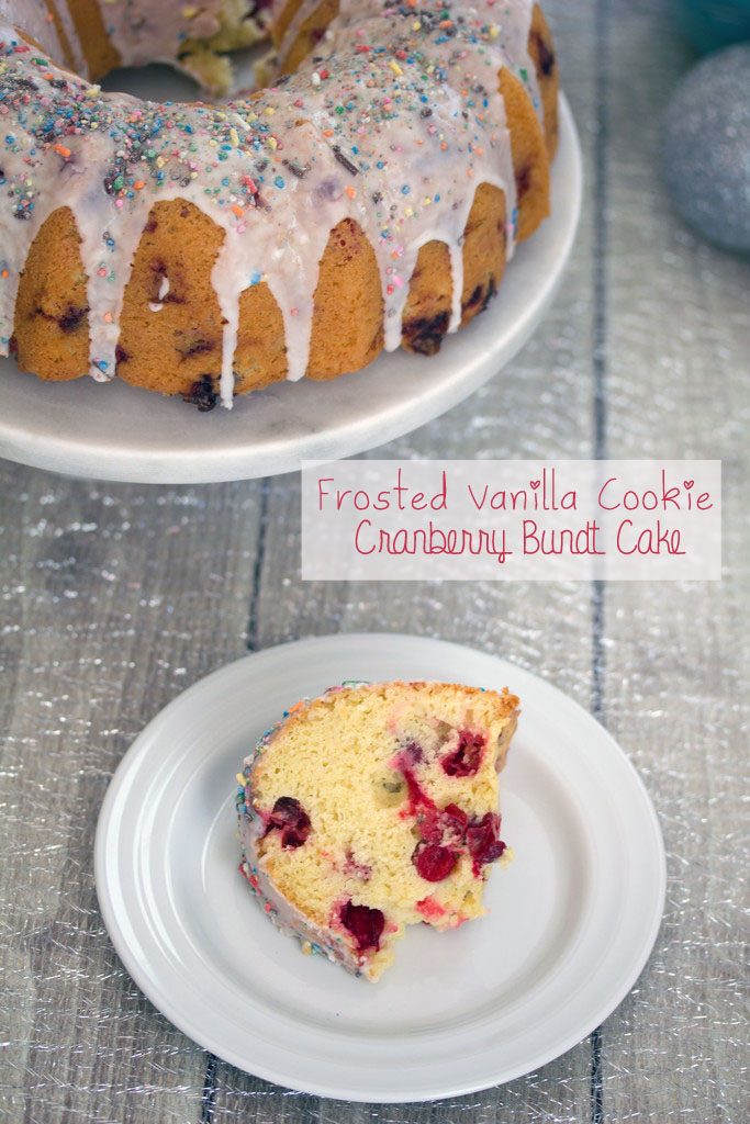 Frosted Vanilla  Cookie Cranberry Bundt Cake -- A classic holiday cake with a sweet twist | wearenotmartha.com