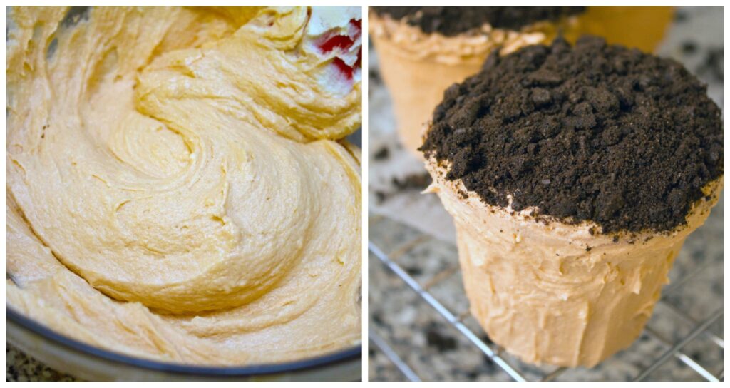 Collage showing process for making terracotta colored frosting and painting it on flower pot cakes with chocolate cookie dirt