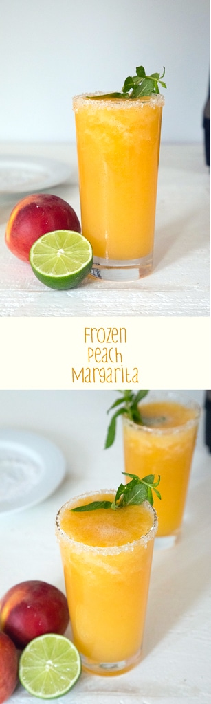 Frozen Peach Margarita -- This margarita is made with fresh peaches and sweetened with honey... No peach schnapps necessary! The perfect summer margarita looks like sunshine in a glass | wearenotmartha.com