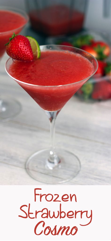 Frozen Strawberry Cosmo -- Remember the cosmo? It's back! But this time the cranberry and lime are combined with frozen strawberries for an icy frozen strawberry cosmopolitan treat | wearenotmartha.com #cocktail #strawberries #cosmo #cosmopolitan #vodka