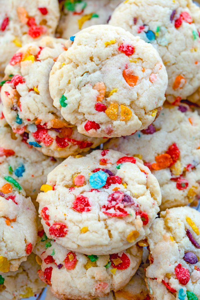 Overhead view of a pile of Fruity Pebbles cookies