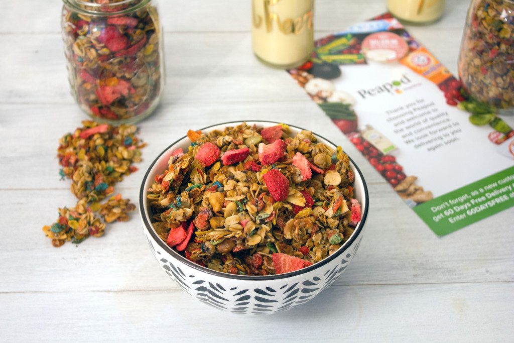 Fruity Granola -- This granola made with Fruity Pebbles and freeze-dried strawberries makes the perfect hostess gift! | wearenotmartha.com