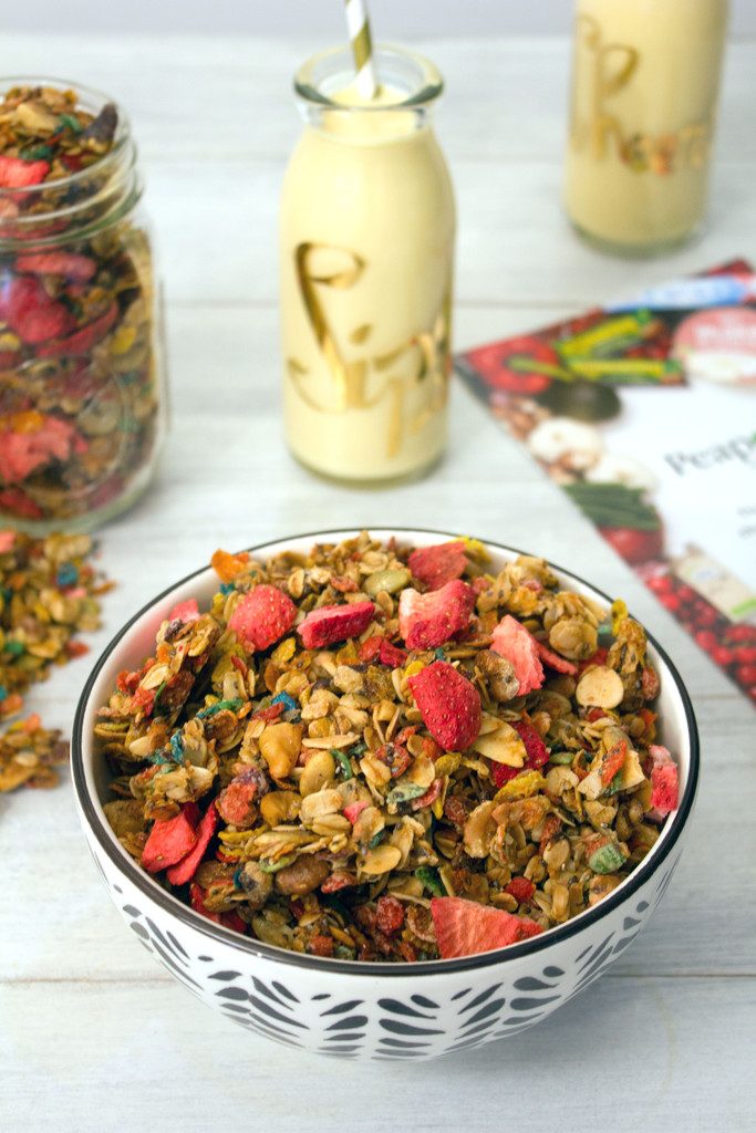 Fruity Granola -- This granola made with Fruity Pebbles and freeze-dried strawberries makes the perfect hostess gift! | wearenotmartha.com