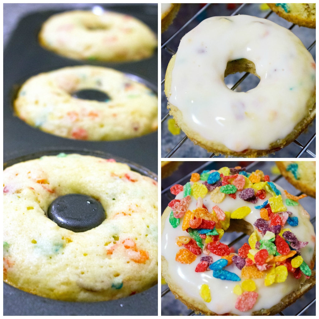 A collage showing Fruity Pebbles Doughnut making process, including baked doughnuts in doughnut pan, doughnut with vanilla glaze on it, and doughnut with Fruity Pebbles sprinkled on top