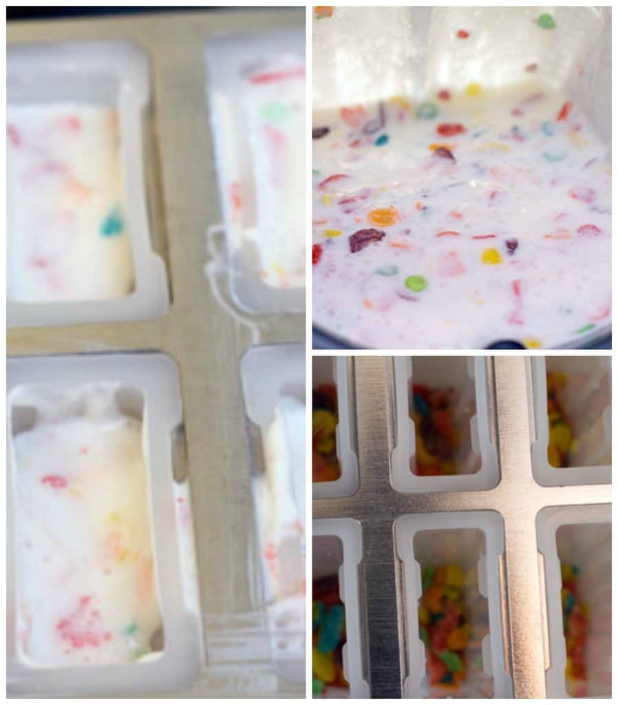 Collage showing Greek yogurt, milk, and Fruity Pebbles combined in blender, Fruity Pebbles in the bottom of popsicle molds, and popsicle molds filled