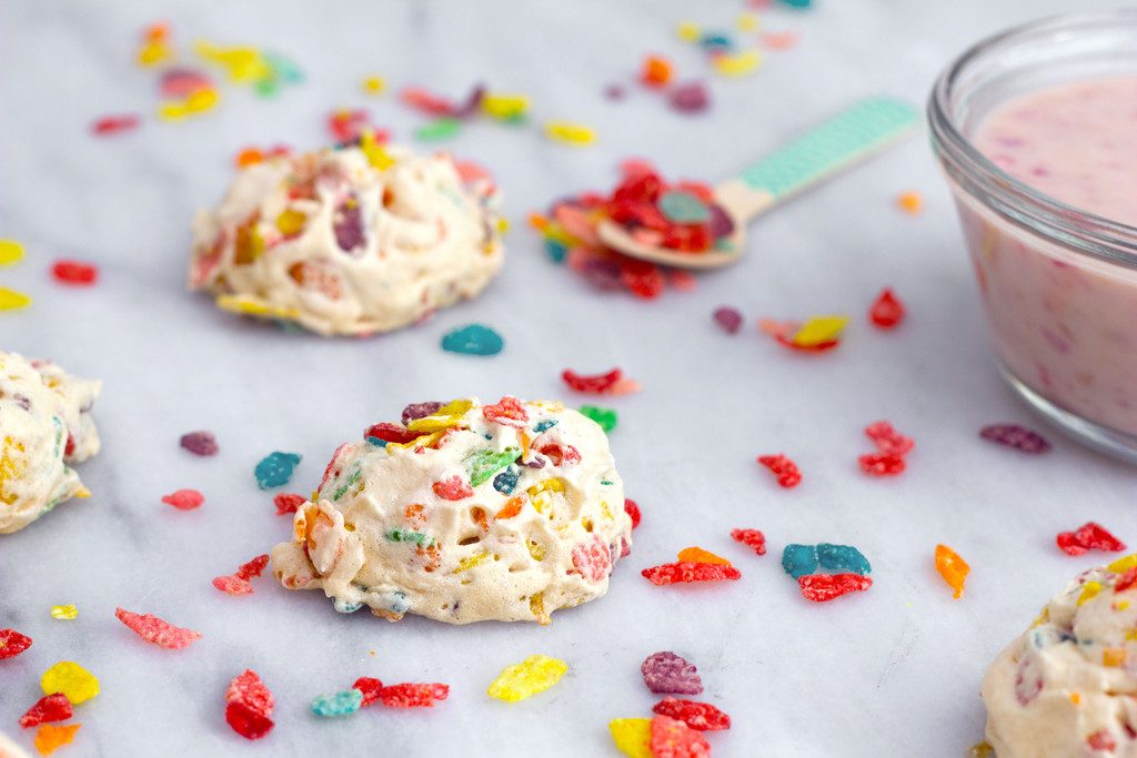 Fruity Pebbles Meringues -- Perfect little colorful clouds that are super easy to make! | wearenotmartha.com