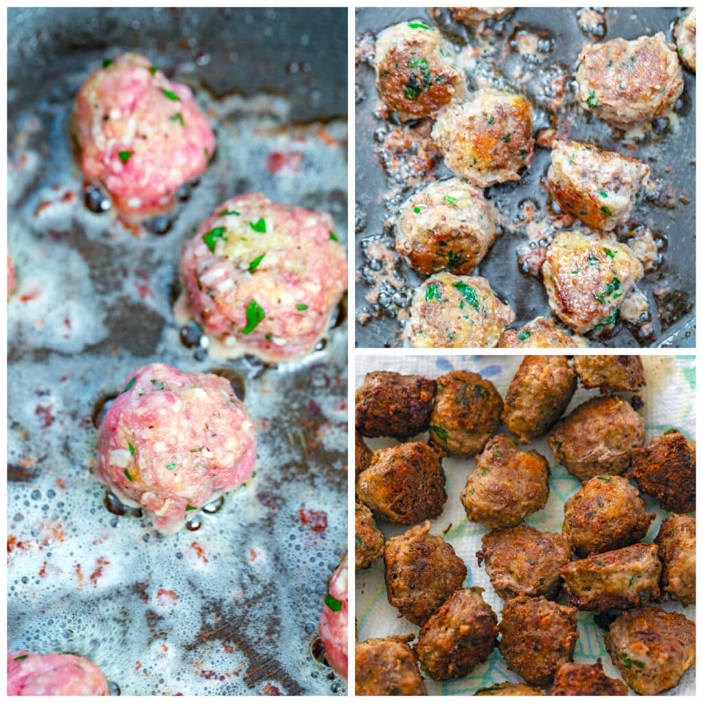 Collage showing process for frying up meatballs, including meatballs placed in frying pan with oil, meatballs fried in pan, and cooked meatballs sitting on paper towels