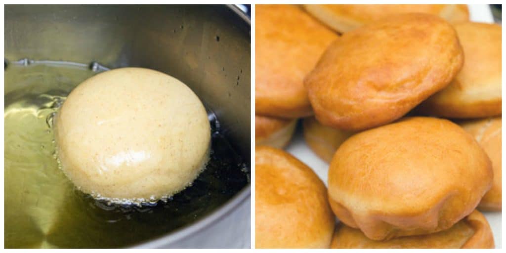 Collage showing doughnut round frying in oil and finished doughnuts sitting on a plate