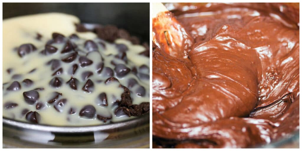 One photo showing chocolate chips and sweetened condensed milk in double boiler and another showing finished chocolate fudge.