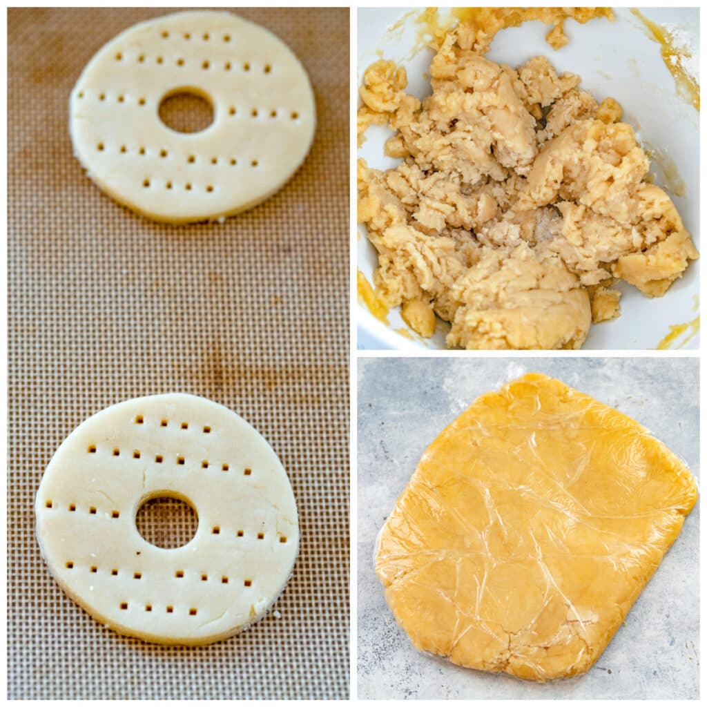 Collage showing how to make shortbread cookie rounds, including dough in mixing bowl, dough flattened in plastic wrap, and cookies cut into rounds with perforations in them