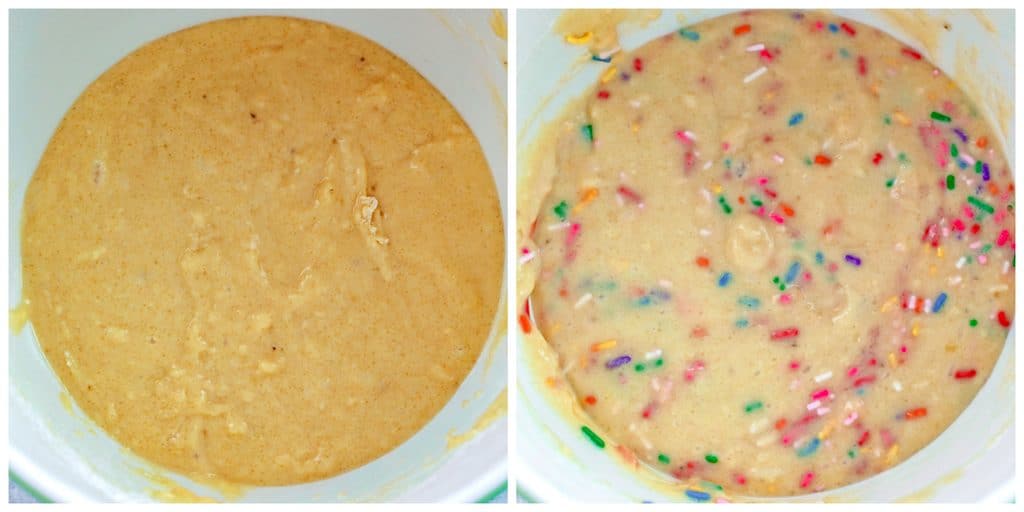 Collage showing process for finishing banana funfetti bubble waffle batter, including batter in bowl and batter in bowl with rainbow sprinkles added