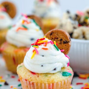 Funfetti Chocolate Chip Cookie Dough Cupcakes -- Want to turn an ordinary event into a serious celebration? Funfetti Chocolate Chip Cookie Dough Cupcakes make any day more fun | wearenotmartha.com
