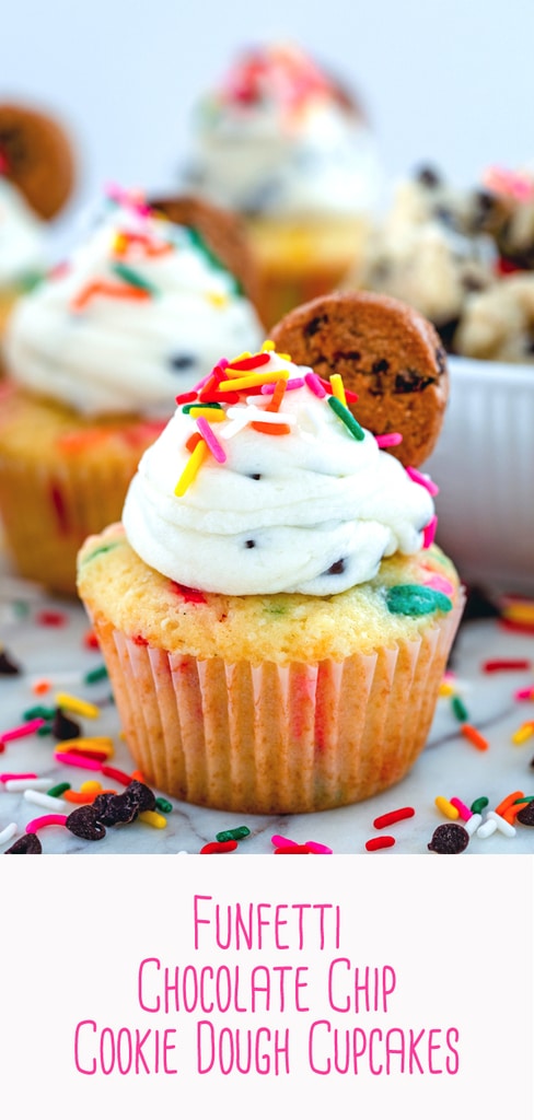 Funfetti Chocolate Chip Cookie Dough Cupcakes -- Want to turn an ordinary event into a serious celebration?  Funfetti Chocolate Chip Cookie Dough Cupcakes make any day more fun | wearenotmartha.com #cupcakes #cookiedough #funfetti #sprinkles
