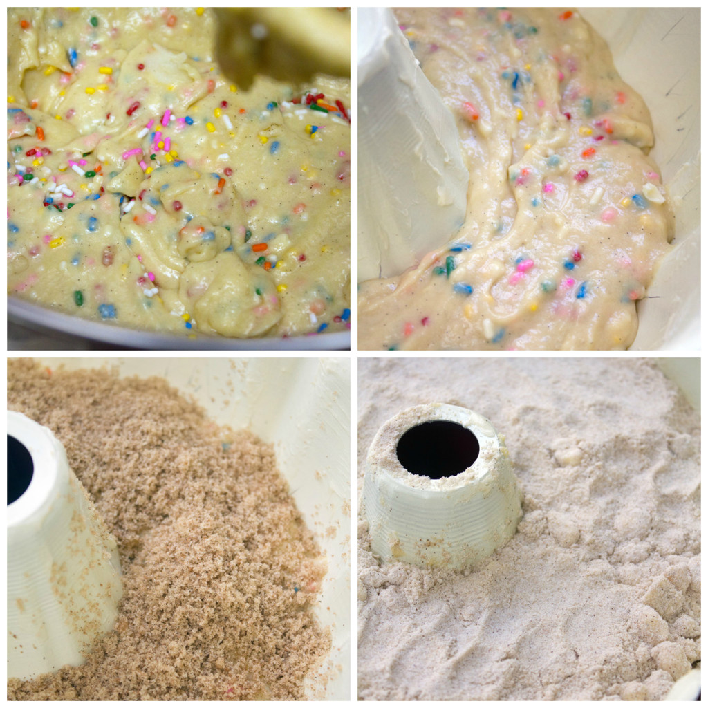 Collage showing process for making funfetti coffee cake, including cake batter with sprinkles in bundt pan, streusel layer over cake batter, second layer of sprinkle cake batter, and finally, crumb topping
