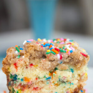 Funfetti Coffee Cake -- A buttery cinnamon sugar breakfast cake with lots of rainbow sprinkles | wearenotmartha.com