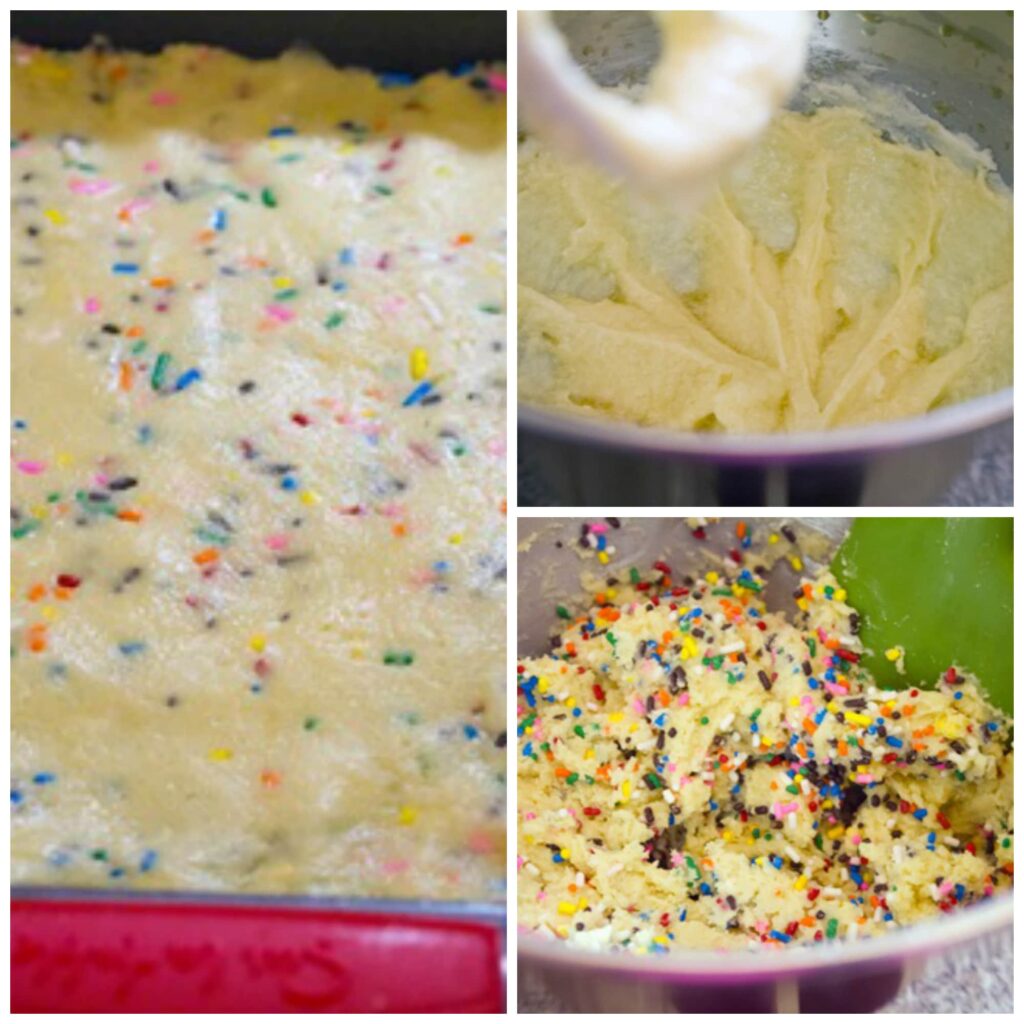 Collage showing the making of the funfetti cookies, in the mixer and pressed into the pan