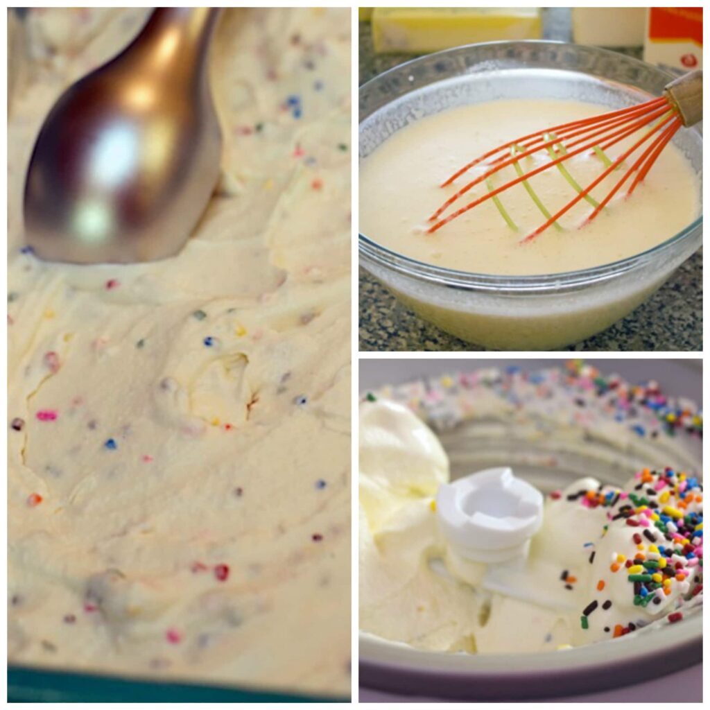 Collage showing the making of the funfetti ice cream, mixed in a bowl and in the ice cream maker