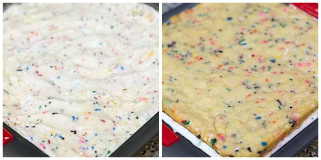 Collage showing the assembly of the funfetti ice cream sandwiches, with ice cream being layered on one cookie and another cookie being placed on top