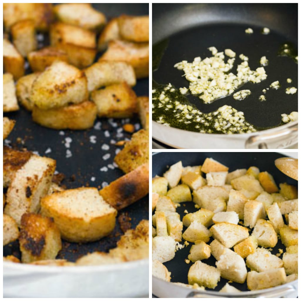 Collage showing garlic chili crouton making process, including garlic in frying pan, cubed bread in frying pan, and cubed bread toasted golden in frying pan