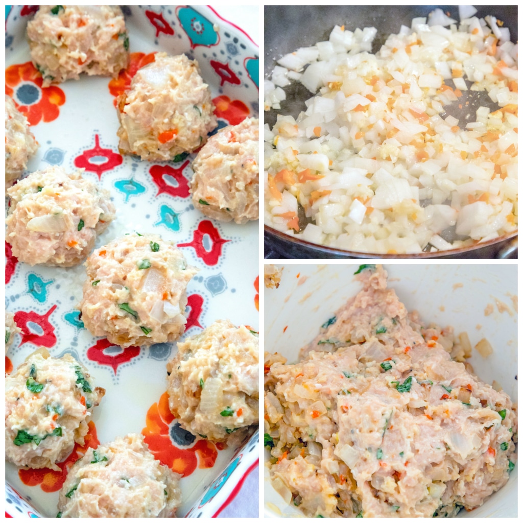 Collage showing process for making garlic habanero chicken meatballs, including onions, garlic, and habanero in a pan, all chicken meatball ingredients combined in bowl, and mixture formed into meatballs in baking pan