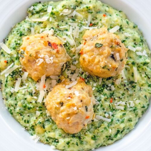 Garlic Habanero Chicken Meatballs with Kale Polenta -- Garlic Habanero Chicken Meatballs with Kale Polenta is comfort food that's packed with flavor, but still nice and healthy. It's the perfect chilly weather meal! | wearenotmartha.com