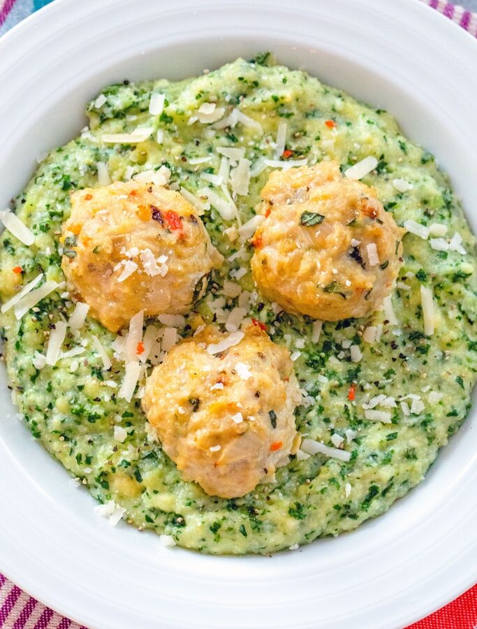Garlic Habanero Chicken Meatballs with Kale Polenta -- Garlic Habanero Chicken Meatballs with Kale Polenta is comfort food that's packed with flavor, but still nice and healthy. It's the perfect chilly weather meal! | wearenotmartha.com