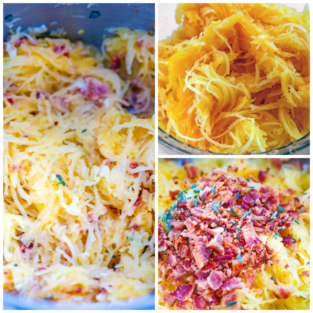 Collage of photos showing spaghetti squash flesh in a bowl, spaghetti squash topped with bacon and sage, and spaghetti squash mixed with bacon and sage