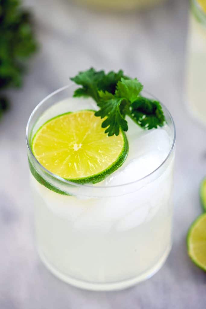 Overhead close-up of gin lime rickey cocktail with lime round and cilantro 