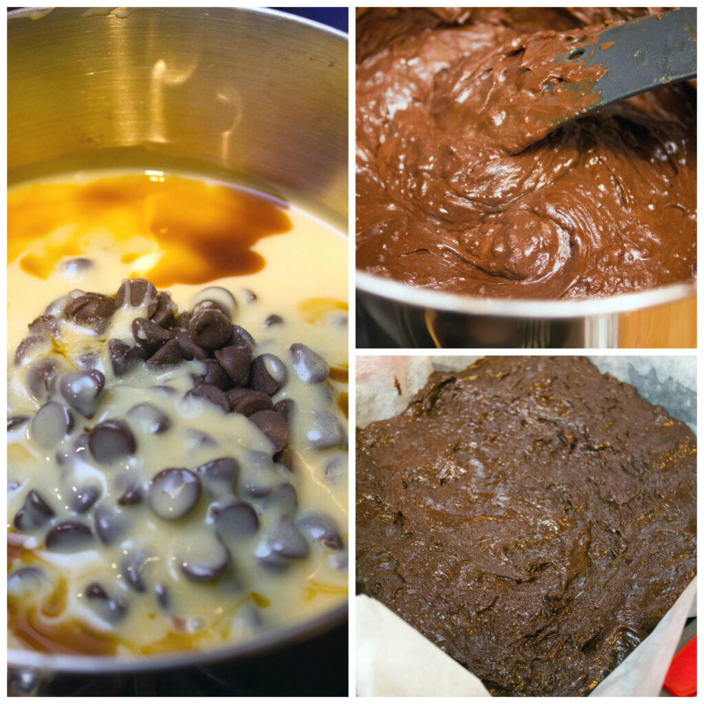 Collage showing process for making gingerbread fudge with chocolate and caramel, including chocolate chips and sweetened condensed milk in saucepan, chocolate being melted in saucepan, and fudge spread in pan