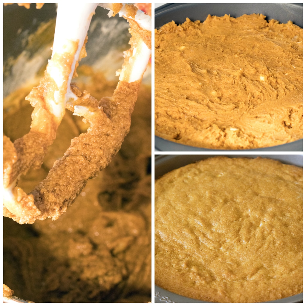 Collage featuring gingerbread batter in mixer, gingerbread batter spread in round pan, and cookie baked in pan and just out of the oven 