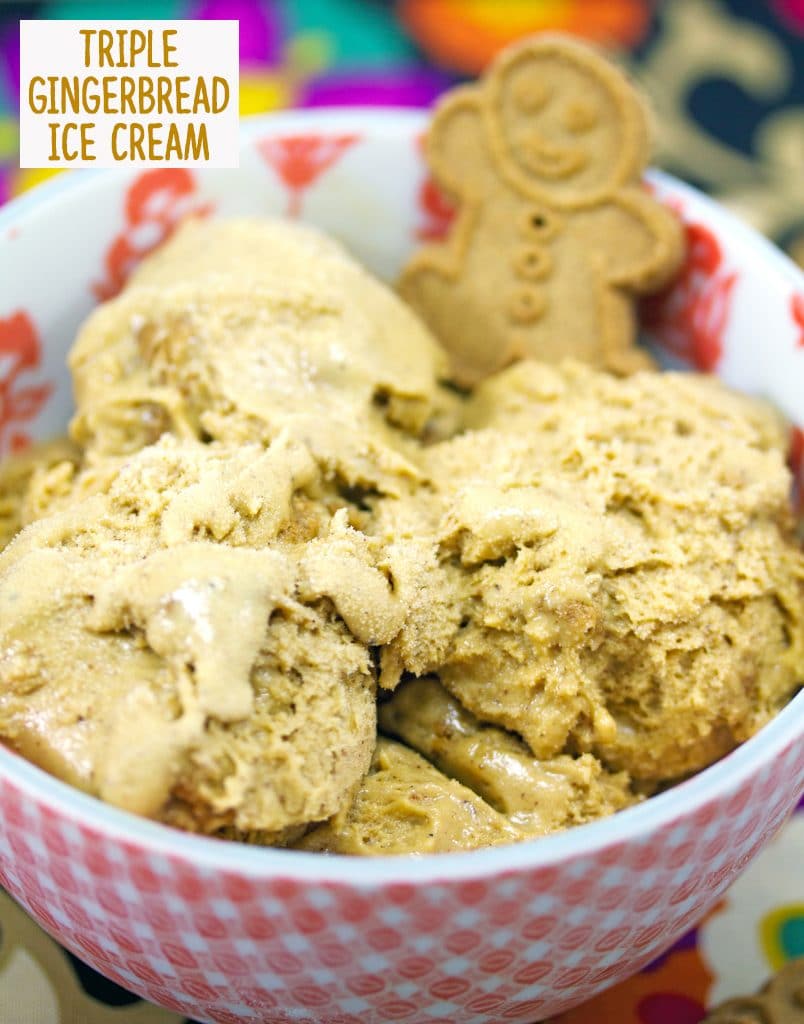 Close-up view of gingerbread ice cream in a red and white bowl with a mini gingerbread man garnish and "Triple Gingerbread Ice Cream" text at top