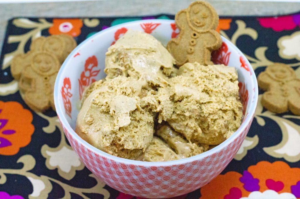 Landscape view closeup of red and white bowl of gingerbread ice cream with small gingerbread man garnish and gingerbread men around bowl