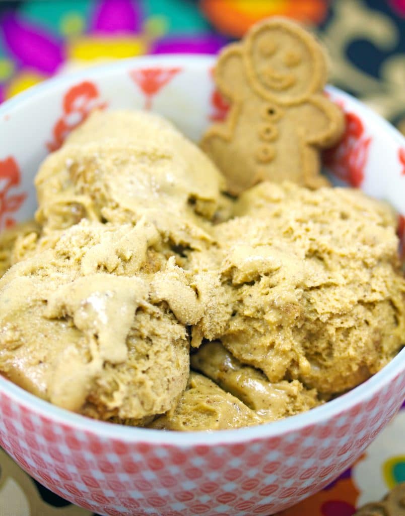 Close-up view of gingerbread ice cream in a red and white bowl with a mini gingerbread man garnish and "Triple Gingerbread Ice Cream" text at top