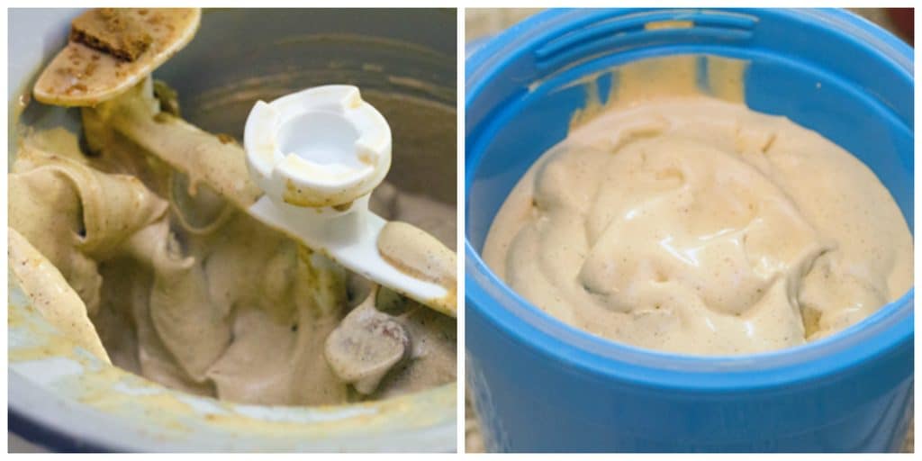 Collage showing gingerbread ice cream in ice cream maker and gingerbread ice cream in ice cream container 