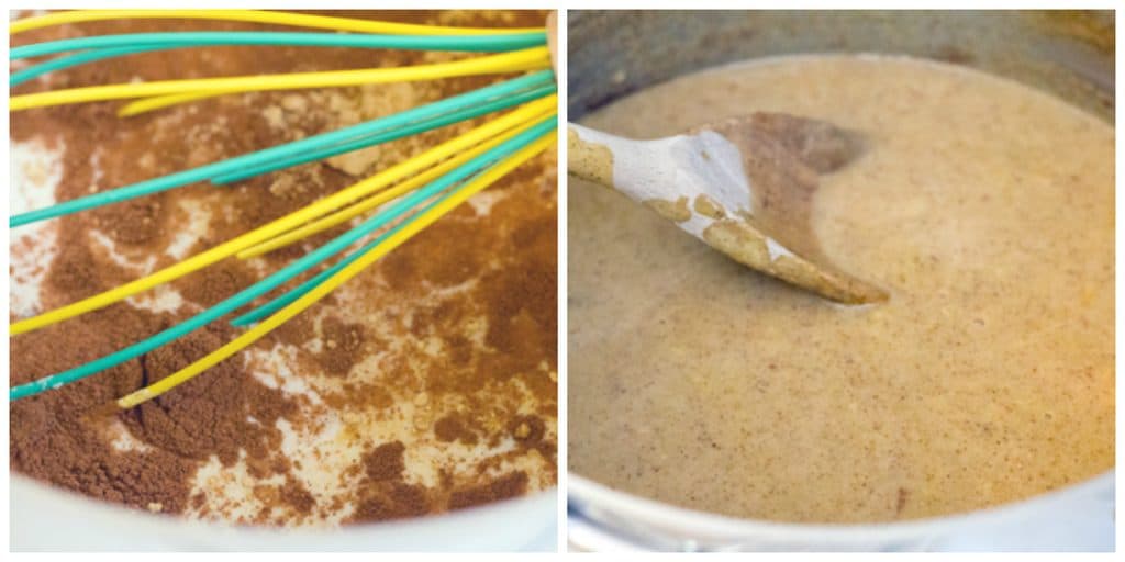 Collage showing process for making gingerbread ice cream, including mixing milk, cream, and spices and letting mixture steep