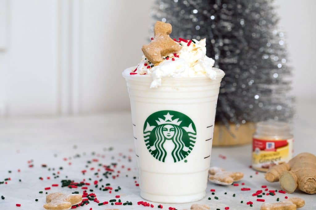 Landscape view of a gingerbread puppuccino with gingerbread cookie for dogs surrounded by sprinkles, fresh and ground ginger and mini silver Christmas tree