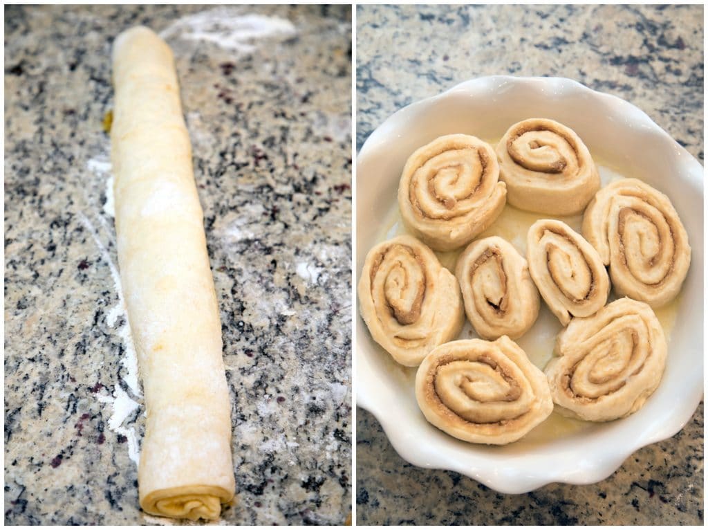 Collage showing dough rolled into log on counter and rolls sliced and placed in pie plate