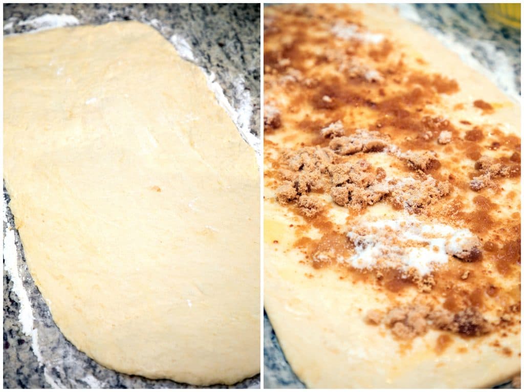 Collage showing dough rolled out into rectangle and butter, sugar, and ginger smeared on dough