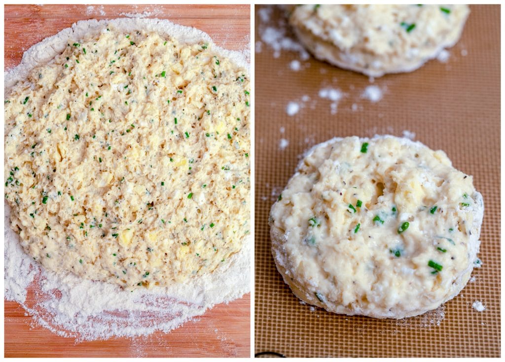Collage showing process for forming goat cheese chive biscuits, including dough being formed into a round on a floured surface and biscuits cut out and on baking sheet