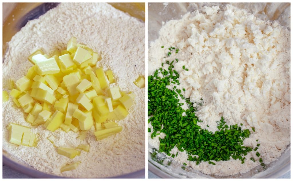 Collage showing process for making goat cheese biscuits, including butter being mixed into flour and goat cheese and chives being mixed in