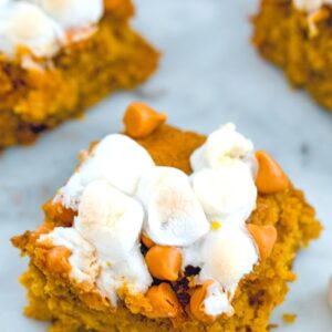 Pumpkin Butterscotch Blondies -- What is your most perfect blondie? Mine is a pumpkin blondie packed with butterscotch chips and marshmallows. These Pumpkin Butterscotch Blondies are the perfect fall dessert | wearenotmartha.com