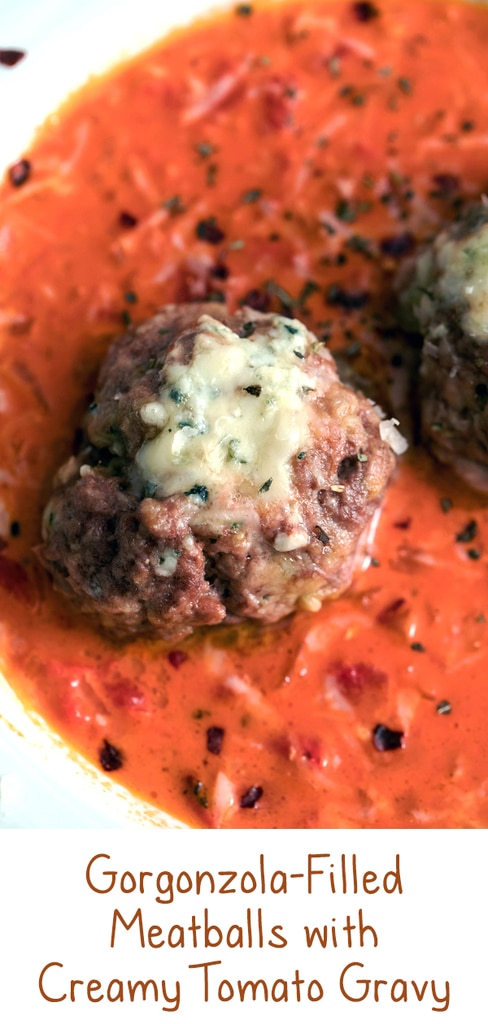 Gorgonzola Meatballs with Creamy Tomato Gravy -- These may just be the most perfect meatballs in the world. Served over a creamy tomato gravy, the only thing missing is a side salad or a loaf of garlic bread | wearenotmartha.com #meatballs #gorgonzola #easydinners #dinners
