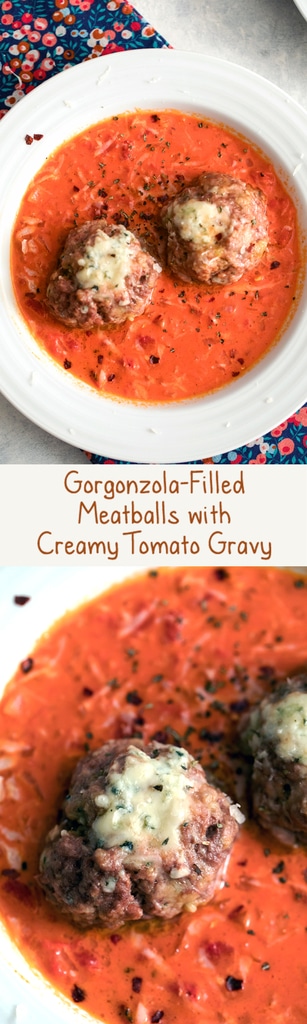 Gorgonzola Meatballs with Creamy Tomato Gravy -- These may just be the most perfect meatballs in the world. Served over a creamy tomato gravy, the only thing missing is a side salad or a loaf of garlic bread | wearenotmartha.com